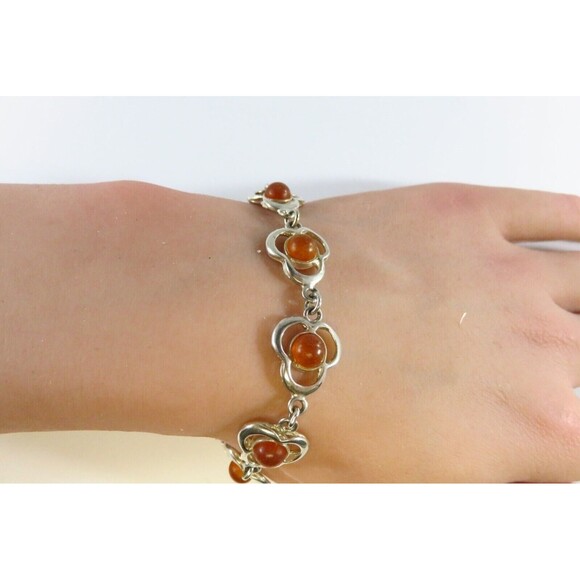 7 3/4" Modernist Sterling Silver Amber Cabochon Bracelet Lobster Clasp - Picture 12 of 12